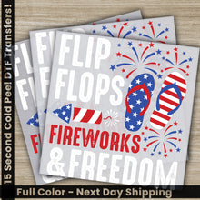 Load image into Gallery viewer, three fourth of july stickers with flip flops and fireworks
