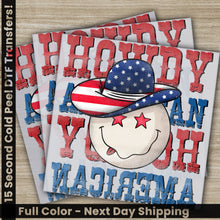 Load image into Gallery viewer, a pair of patriotic stickers with a snowman wearing a hat
