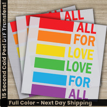 Load image into Gallery viewer, a set of three stickers with the words all for love, love for all
