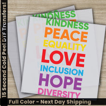 Load image into Gallery viewer, a card with the words peace, love, and hope
