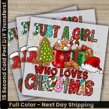 Load image into Gallery viewer, two christmas cards with the words just a girl who loves christmas
