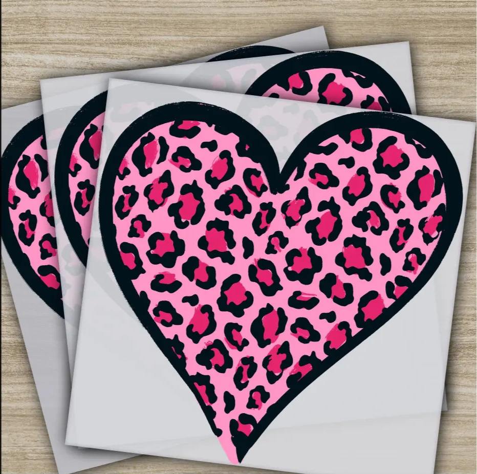 Leopard Pink Heart Ready to Press Personalized DTF Transfers Valentines Gifts High Quality Heat Press DTF Transfers