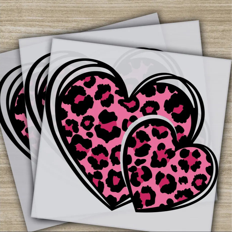 Leopard Pink Hearts Ready to Press Personalized DTF Transfers Valentines Gifts High Quality Heat Press DTF Transfers
