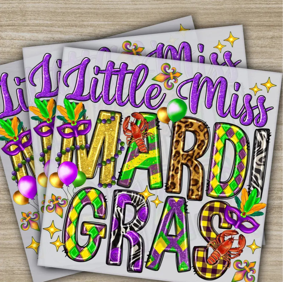 Little Miss Mask Mardi Gras Transfers Ready to Press Personalized DTF Transfers Mardi Gras Gifts High Quality Heat