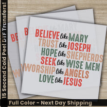 Load image into Gallery viewer, a set of three greeting cards with the words, believe like mary, trust like
