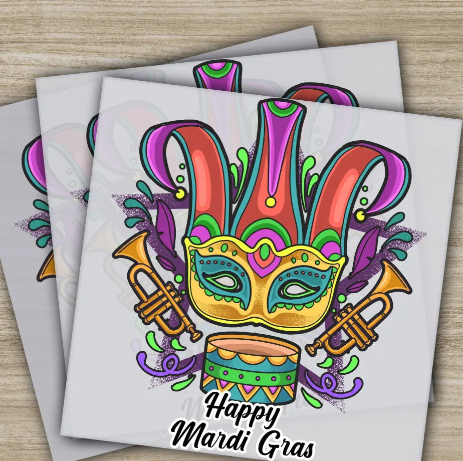 Mask Drums Mardi Gras Transfers Ready to Press Personalized DTF Transfers Mardi Gras Gifts High Quality Heat Press DTF
