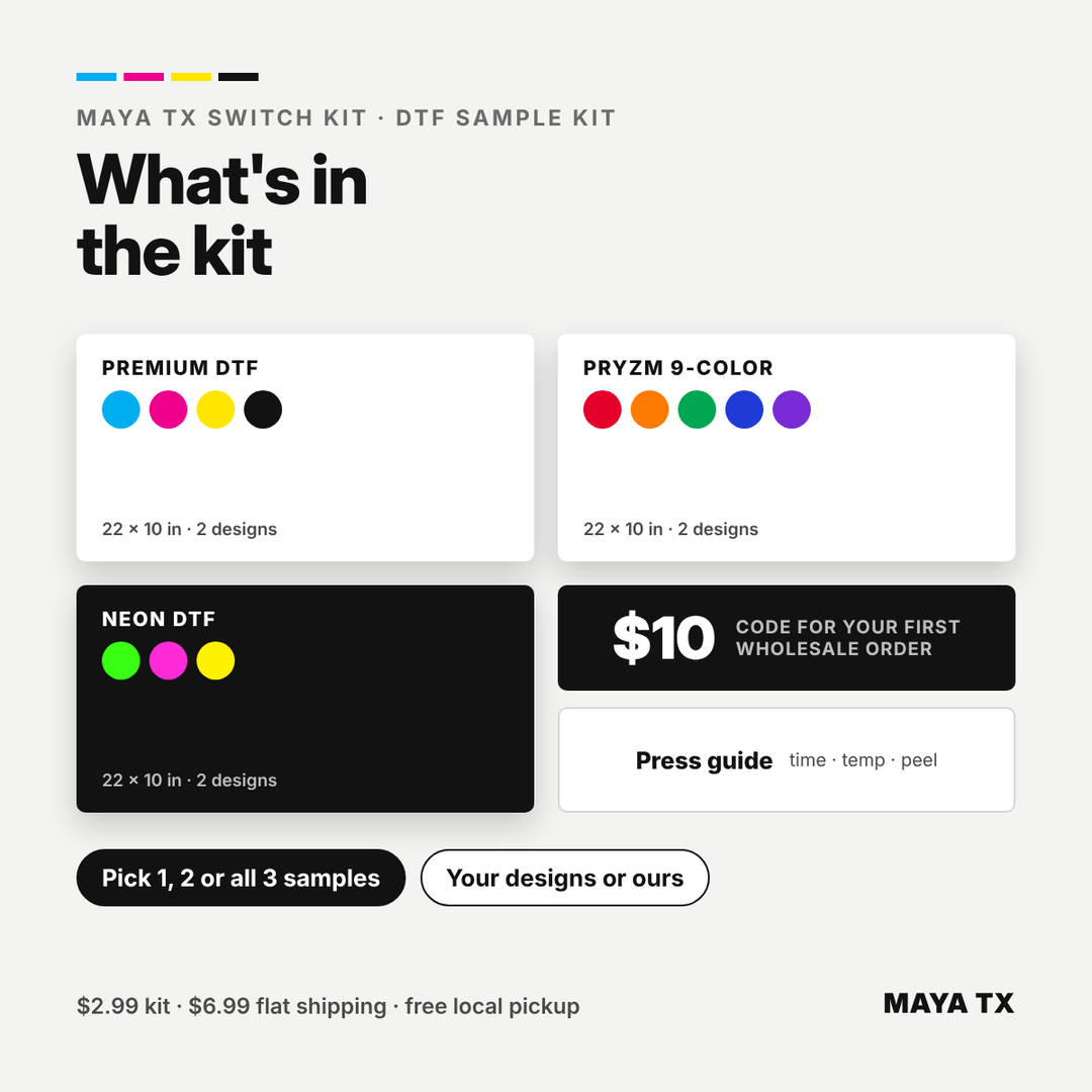 MAYA TX Switch Kit DTF sample kit contents: Premium DTF, PRYZM 9-Color and Neon DTF 22x10 in sample sheets, press guide and $10 wholesale code