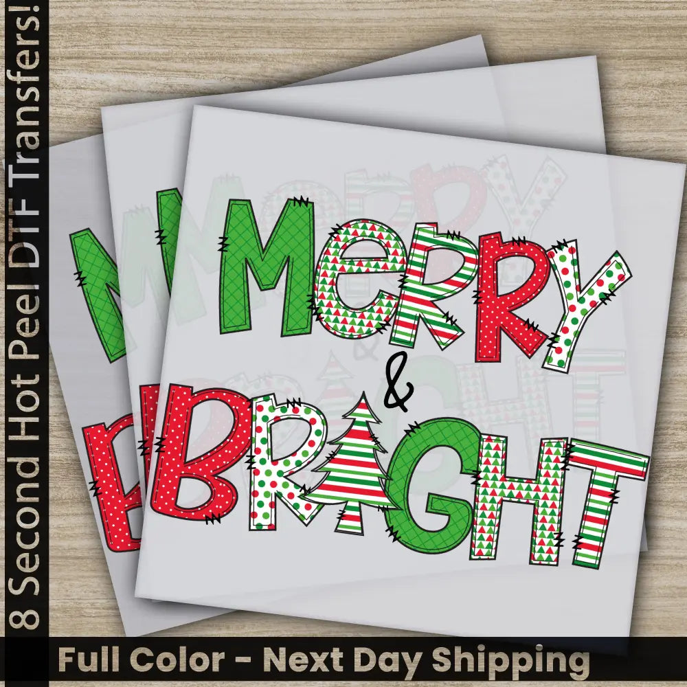 Merry Bright Christmas DTF Transfers Ready to Press Personalized Gifts Direct to Film Sublimation Screen Prints Fast