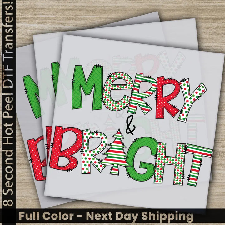 Merry Bright Christmas DTF Transfers Ready to Press Personalized Gifts Direct to Film Sublimation Screen Prints Fast