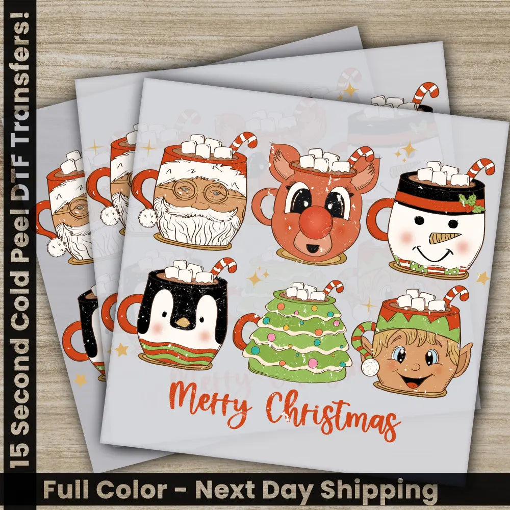 Merry Christmas DTF Transfers Hot Chocolate In a Cup Ready to Press Direct to Film Sublimation Screen Prints Heat