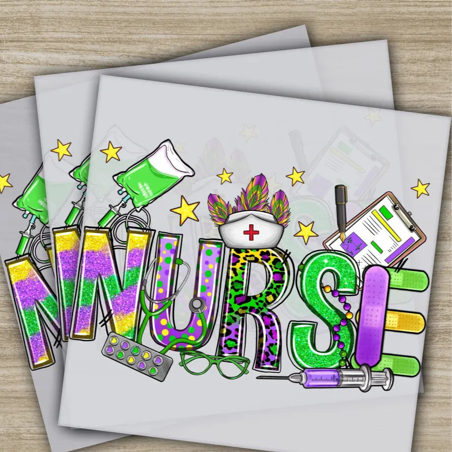 Nurse Syringe Mardi Gras Transfers Ready to Press Personalized DTF Transfers Mardi Gras Gifts High Quality Heat Press