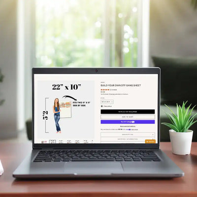 Open laptop displaying an e-commerce page for a custom gang sheet.