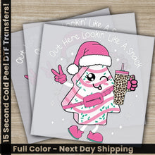 Load image into Gallery viewer, a christmas card with a cartoon character holding a drink
