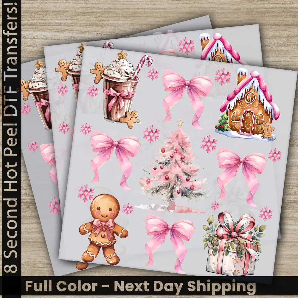 Pink Bow Hot Cocoa Pink Christmas Tree DTF Transfers Ready to Press Personalized Gifts Direct to Film Sublimation