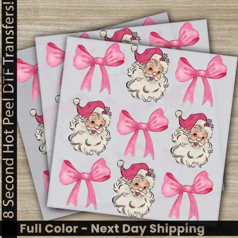 Pink Bow Santa Christmas Tree DTF Transfers Ready to Press Personalized Gifts Direct to Film Sublimation Screen Prints,