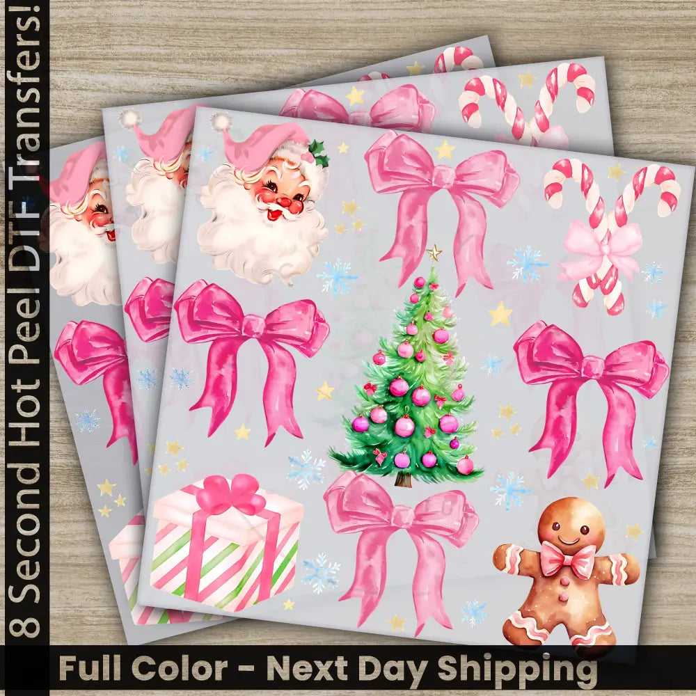 Pink Bow Santa Xmas Cookies Christmas Tree DTF Transfers Ready to Press Personalized Gifts Direct to Film Sublimation