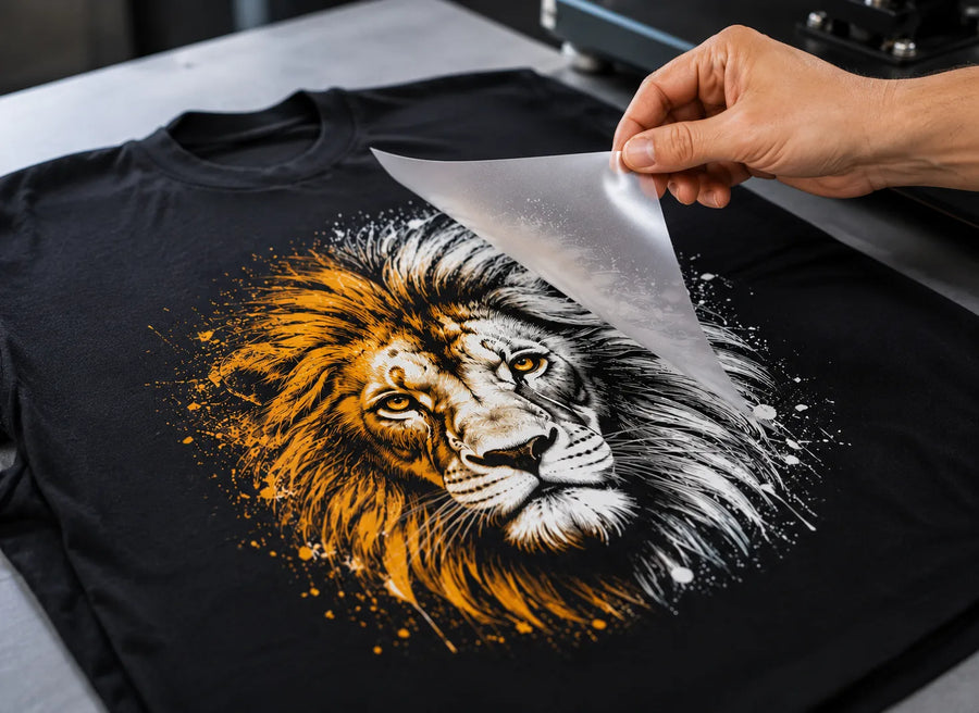 Peeling DTF transfer film after heat press application
