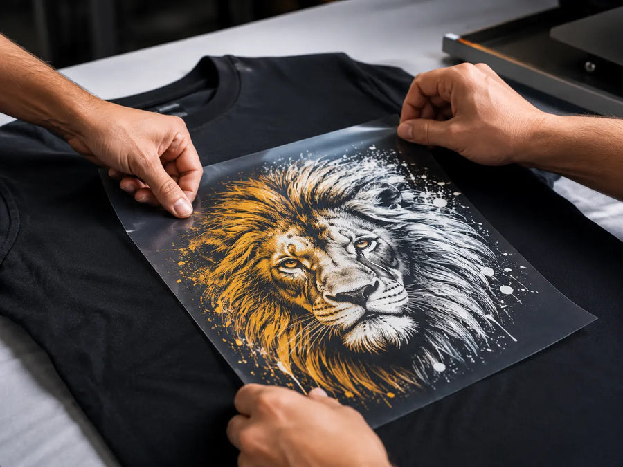 Placing a custom DTF transfer on a t-shirt before heat pressing