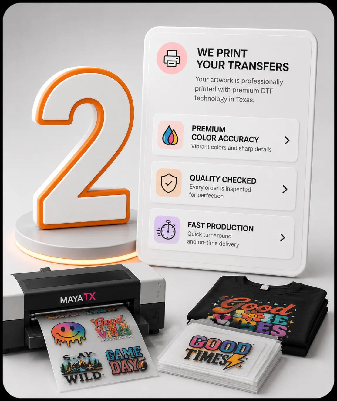 Professional DTF transfer printing process at MAYA TX featuring premium color accuracy, quality inspection, and fast production in Texas.