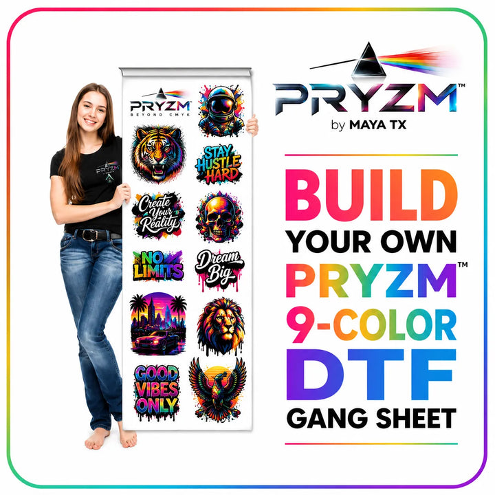 Build Your Own PRYZM™️ 9-Color DTF Gang Sheet showcasing advanced RGBO extended color gamut printing technology, ultra vivid DTF transfers, smoother gradients, richer color depth, premium heat transfers, and photo-real garment decoration by MAYA TX.