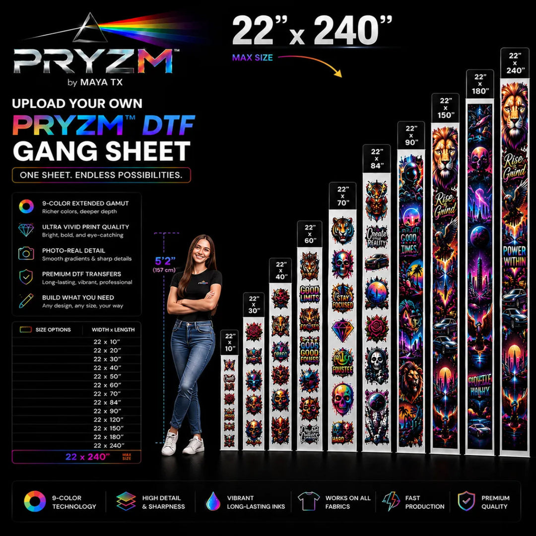 PRYZM™ 9-Color DTF Gang Sheet size comparison chart displaying available gang sheet lengths from 22x10 to 22x240 inches with RGBO extended color gamut technology, ultra vivid print quality, premium DTF transfers, and professional garment decoration solutions by MAYA TX.