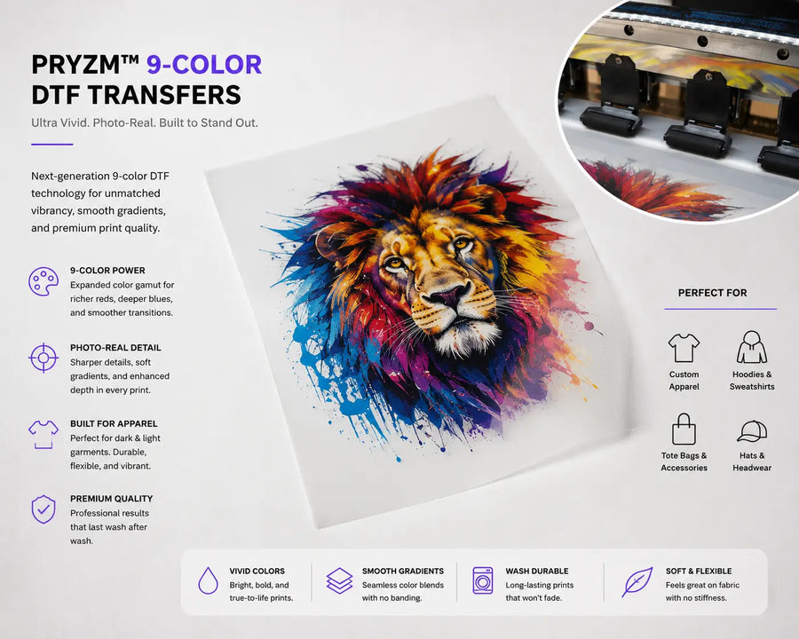 PRYZM 9-Color DTF Transfers by MAYA TX showcasing extended color gamut technology with brighter reds, deeper blues, smoother gradients, and photo-real detail for premium custom t-shirts, hoodies, apparel brands, and professional garment decoration.