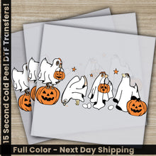 Load image into Gallery viewer, a halloween scene with ghostes and pumpkins
