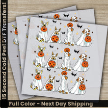 Load image into Gallery viewer, a set of four halloween cards with dogs and pumpkins
