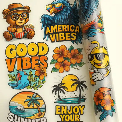 Roll of colorful, summer-themed, heat transfer vinyl designs.