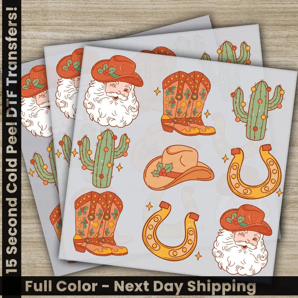 Santa Cowboy Christmas DTF Transfers Personalized Image Prints Shirts Gifts Decor High Quality DTF Transfers Fast