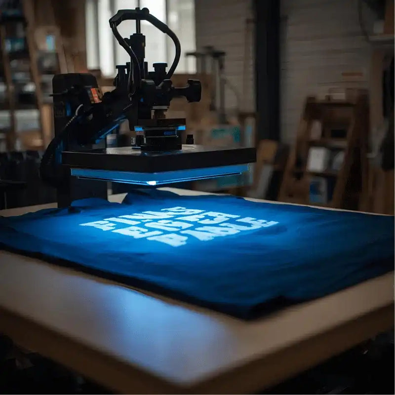 A screen printing machine illuminating a design onto a dark blue t-shirt.