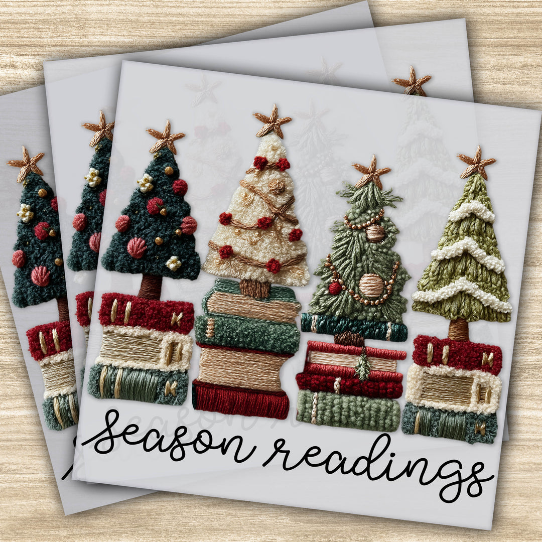 Season Readings DTF transfer with faux yarn Christmas trees stacked on books, star toppers, and holiday decor for book lovers and cozy Christmas apparel
