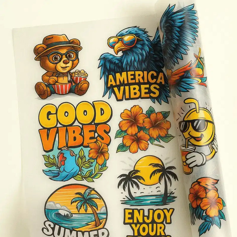 A sheet of colorful, iron-on transfer stickers featuring summer and patriotic themes.