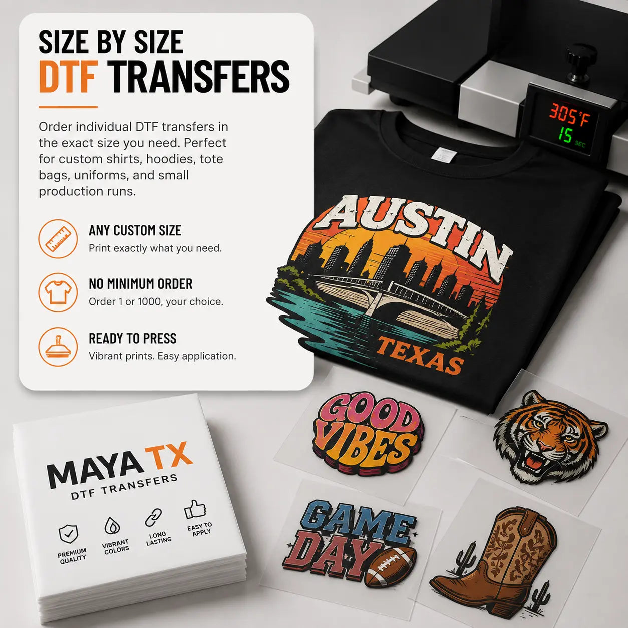 Size by Size DTF Transfers with custom print sizes for premium apparel printing by MAYA TX.