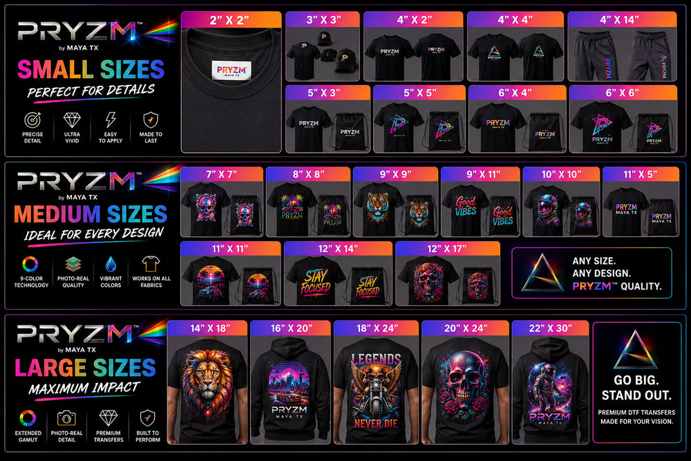 Size By Size PRYZM™️ 9-Color DTF Transfers by MAYA TX featuring RGBO extended gamut technology, ultra vivid colors, photo-real print quality, premium custom heat transfers, and professional garment decoration for apparel brands and businesses.