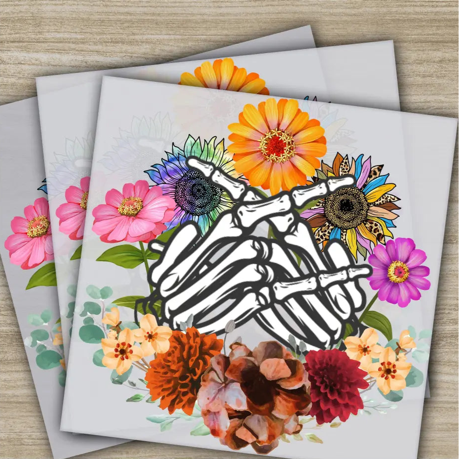 Skeleton Hand Colorful Flowers Ready to Press Personalized DTF Transfers Heat Press DTF Transfer