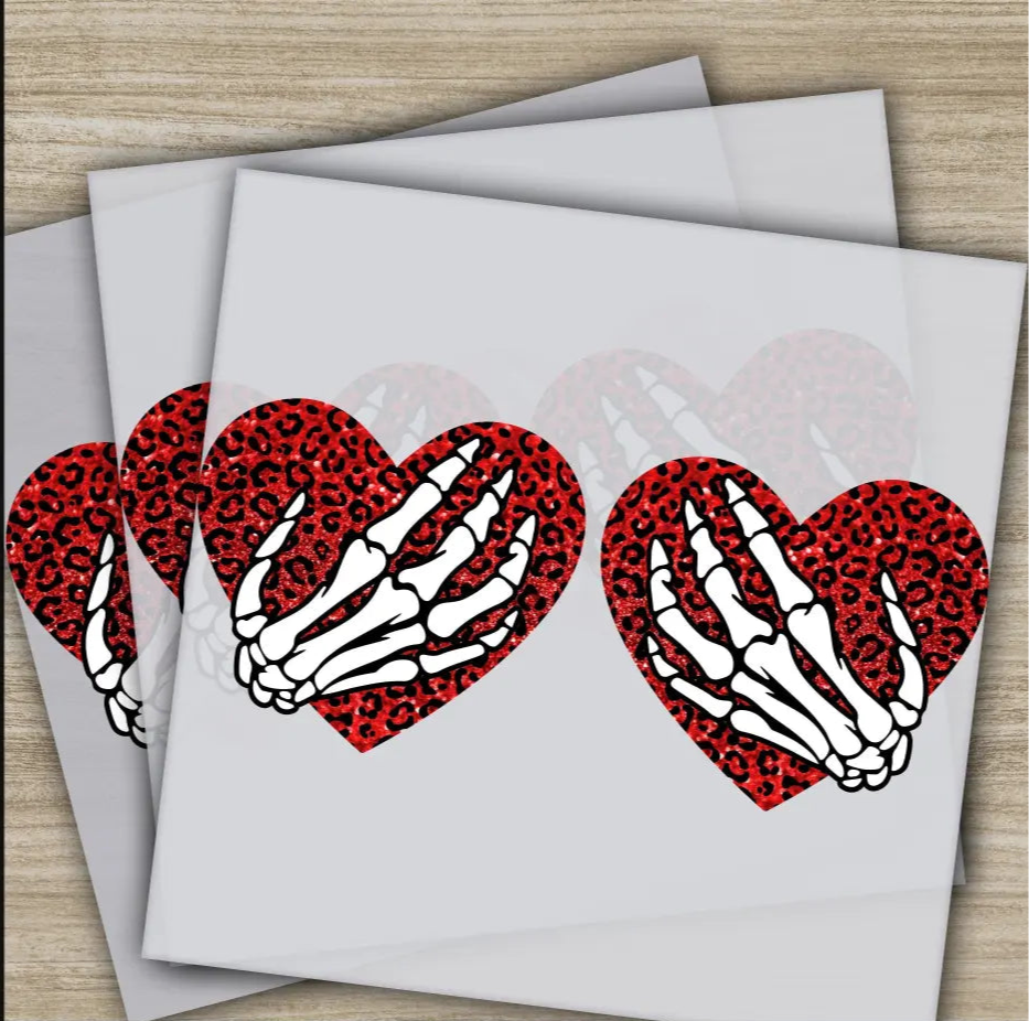 Skeleton Hands Holding Hearts Ready to Press Personalized DTF Transfers Valentine’s Day Gifts High Quality Sublimation