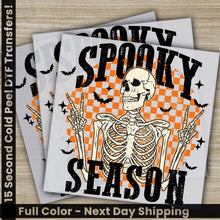 Load image into Gallery viewer, a pair of halloween cards with a skeleton on them
