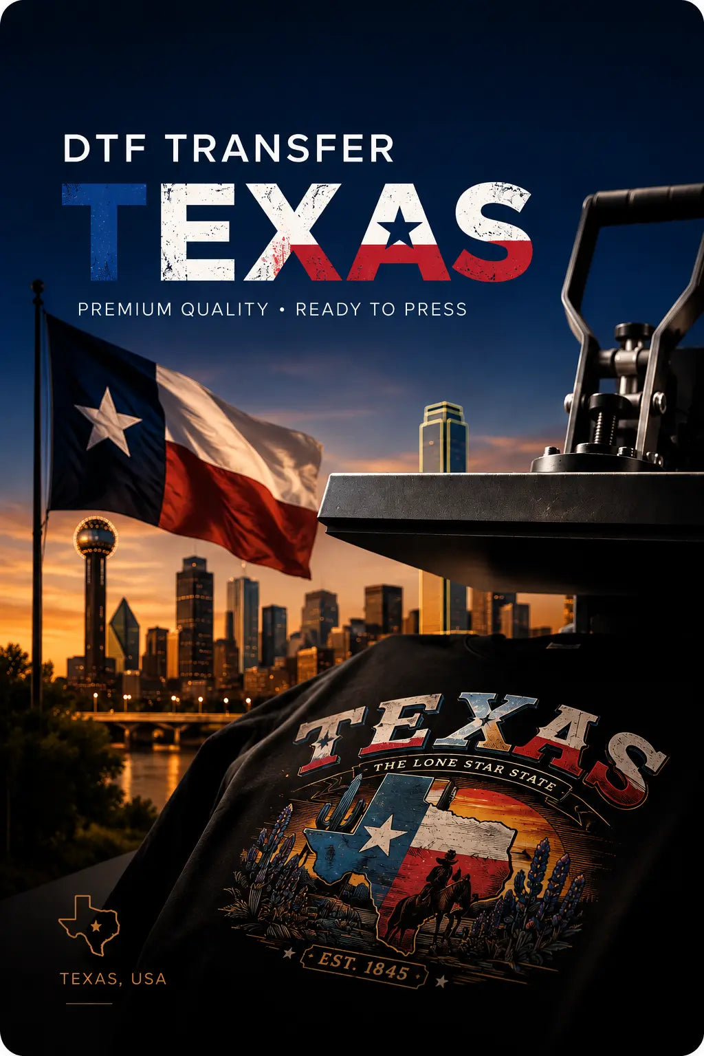 Premium Austin DTF Transfers by MAYA TX featuring vibrant ready-to-press custom apparel printing, professional heat press production, same-day pickup, and fast nationwide shipping from Texas.