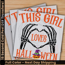 Load image into Gallery viewer, This Girl Loves Halloween Pumpkini Skeleton Love Ready to Press Personalized Gifts Sublimation DTF Prints Trendy DTF
