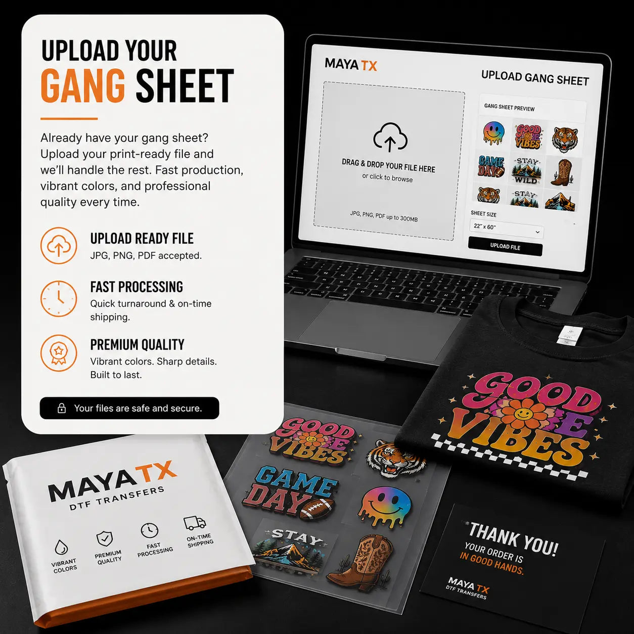 Upload Your Own DTF Gang Sheet for fast, professional custom transfer printing by MAYA TX.