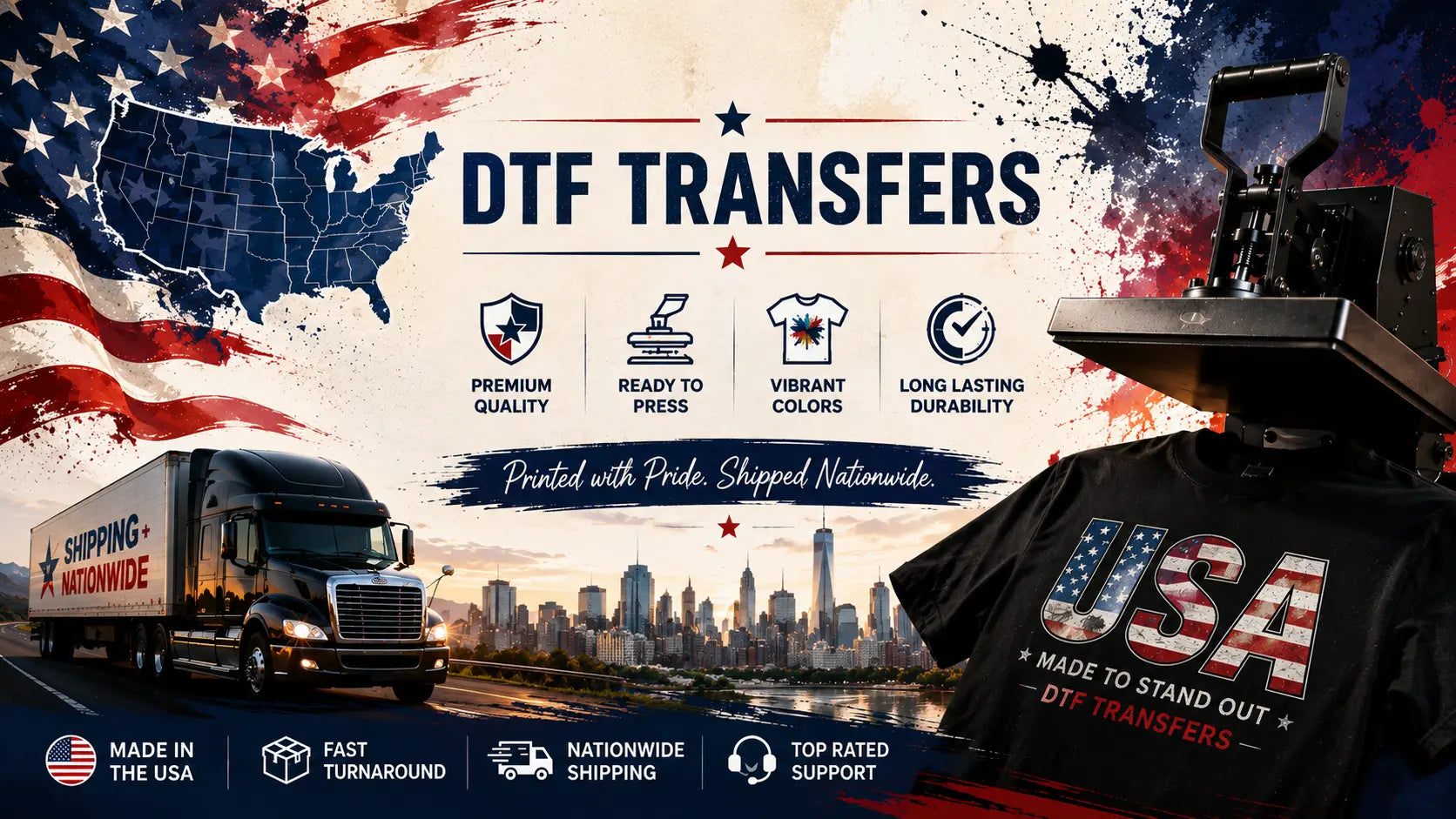 Premium USA DTF transfer banner featuring professional heat press printing, custom apparel, American flag, United States map, nationwide shipping, and high-quality ready-to-press DTF transfers for businesses and creators across the USA.