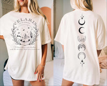 Load image into Gallery viewer, a woman wearing a t - shirt with a picture of a moon and a crescent
