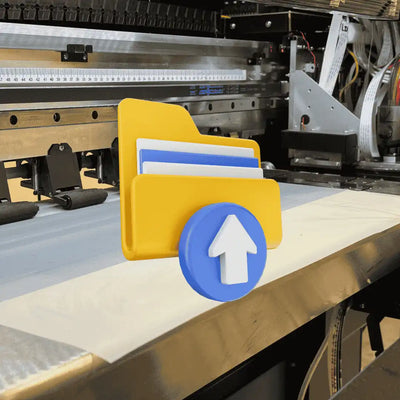 A yellow folder icon with documents and a blue upload symbol.