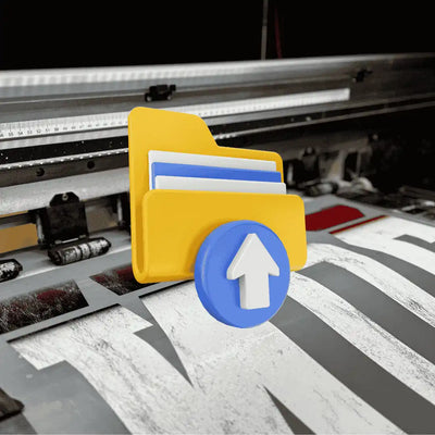 A yellow folder icon with documents and an upload arrow.
