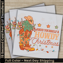Load image into Gallery viewer, two christmas cards with a cowboy boot and a christmas tree
