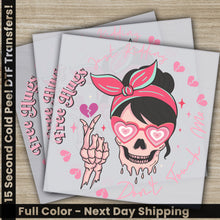 Load image into Gallery viewer, a set of three greeting cards with a skull wearing a pink bow