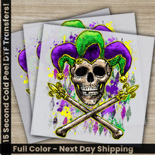 Load image into Gallery viewer, a picture of a skull with a clown hat and two crossed swords