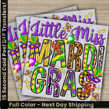 Load image into Gallery viewer, a set of three greeting cards with the words, little miss, hard gras