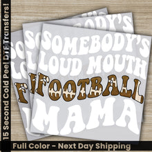 Load image into Gallery viewer, a set of three stickers that say football mama